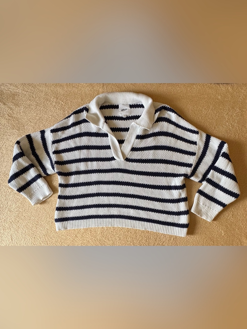 aerie Navy and White Striped V-Neck Polo Sweater
